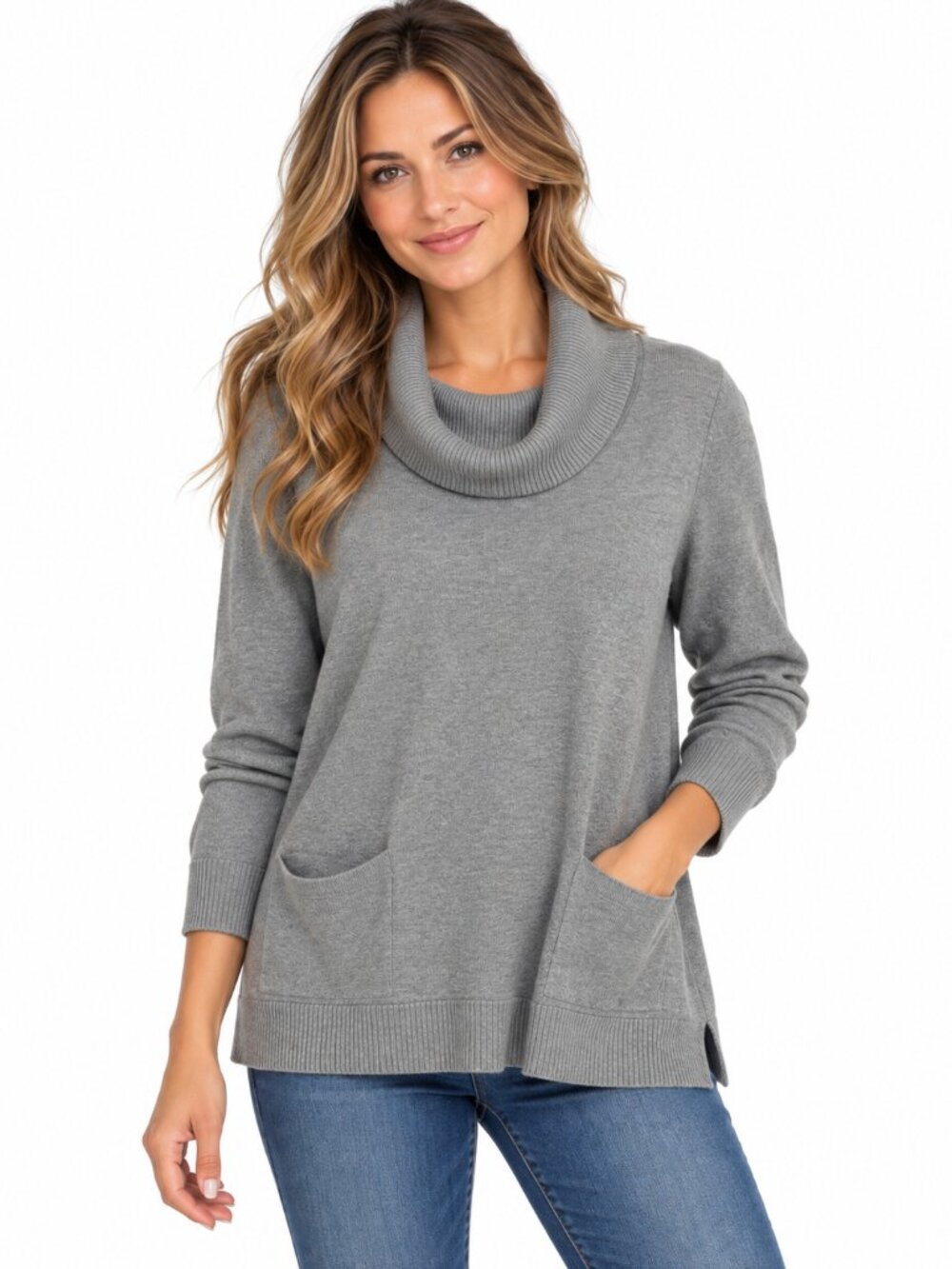 Jeanne Pierre Woman 2X Gray Cowl Neck Sweater 100% Cotton Pockets